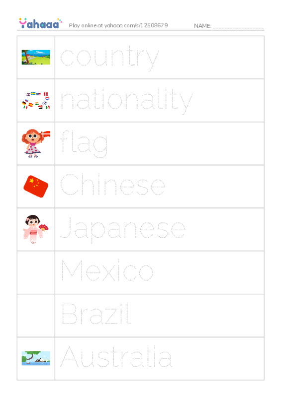 Picture and word rows worksheet for Country Vocabulary