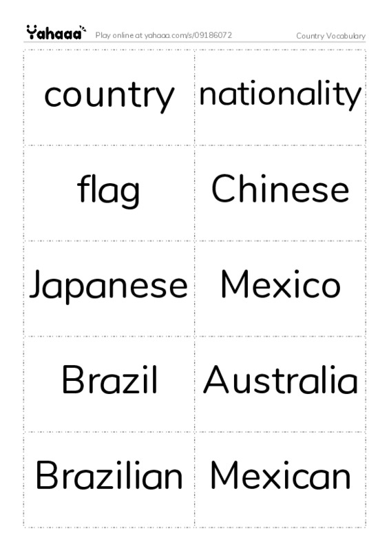 Word flashcards worksheet for Country Vocabulary