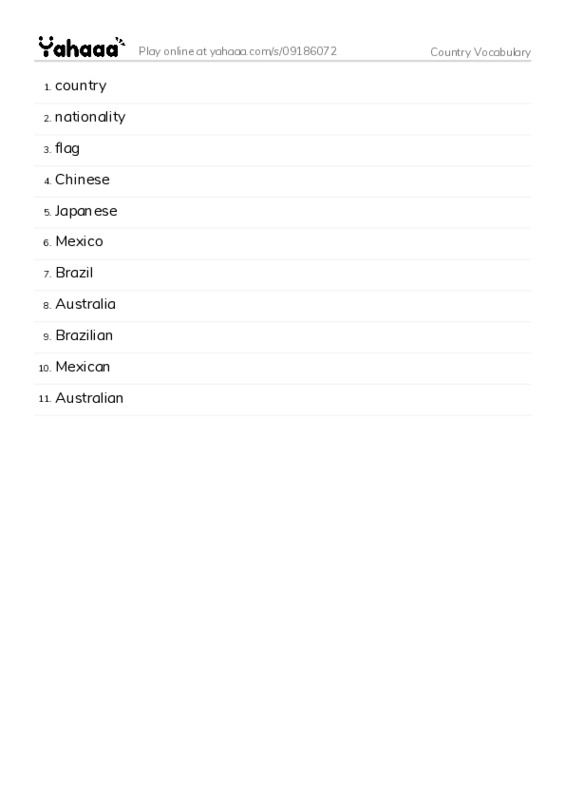 Word list with meanings worksheet for Country Vocabulary