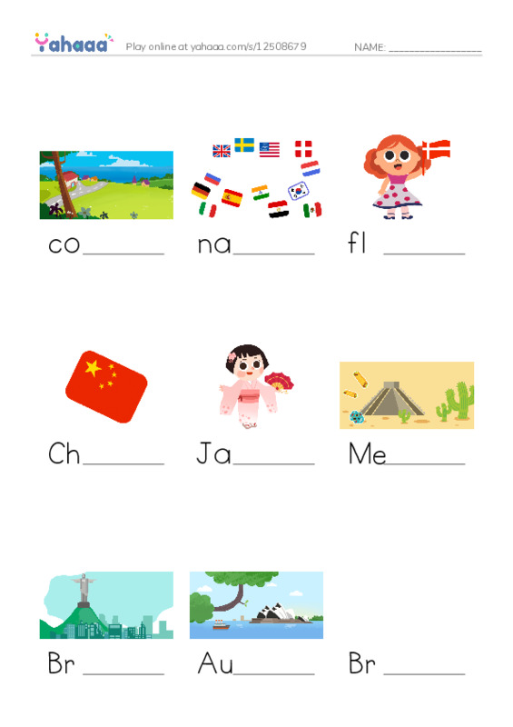 Finish the word worksheet for Country Vocabulary