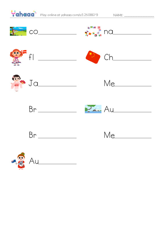 Write the word rows worksheet for Country Vocabulary