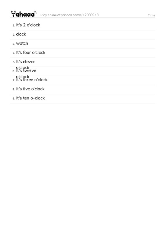 Word list with meanings worksheet for Time