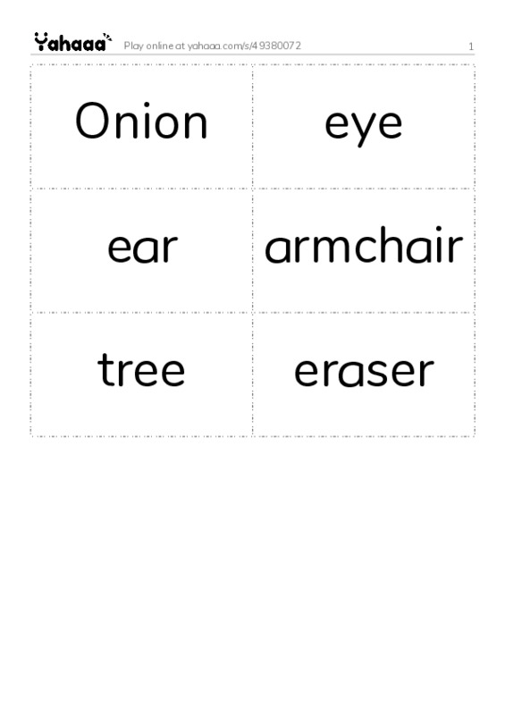 Word flashcards worksheet for 1