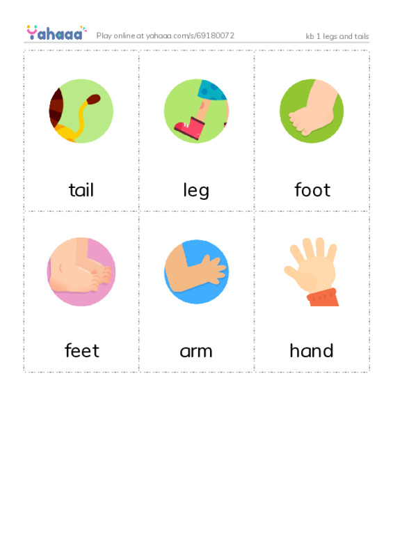 Picture flashcards worksheet for kb 1 legs and tails