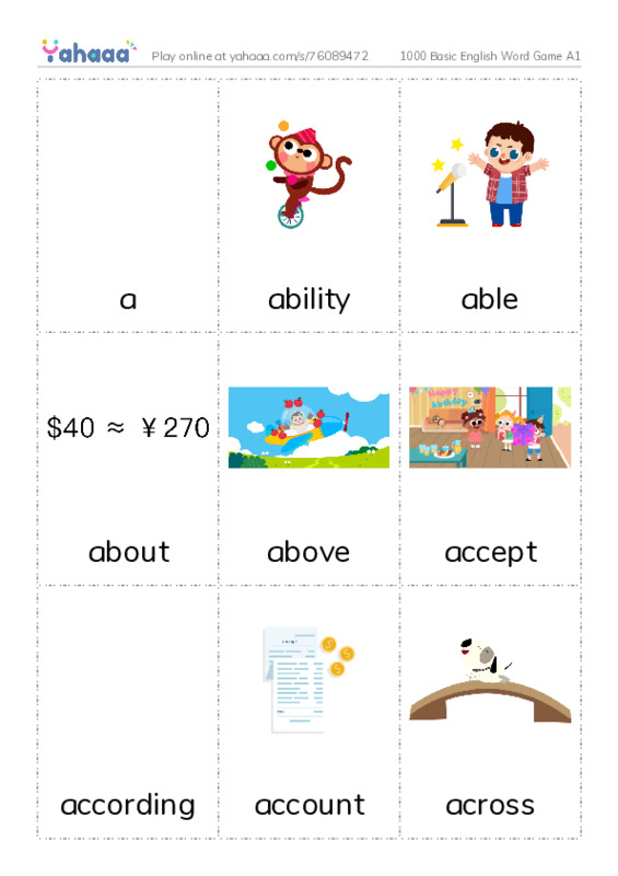 Picture flashcards worksheet for 1000 Basic English Word Game A1