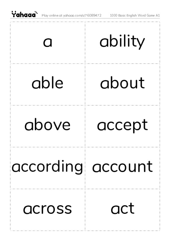 Word flashcards worksheet for 1000 Basic English Word Game A1