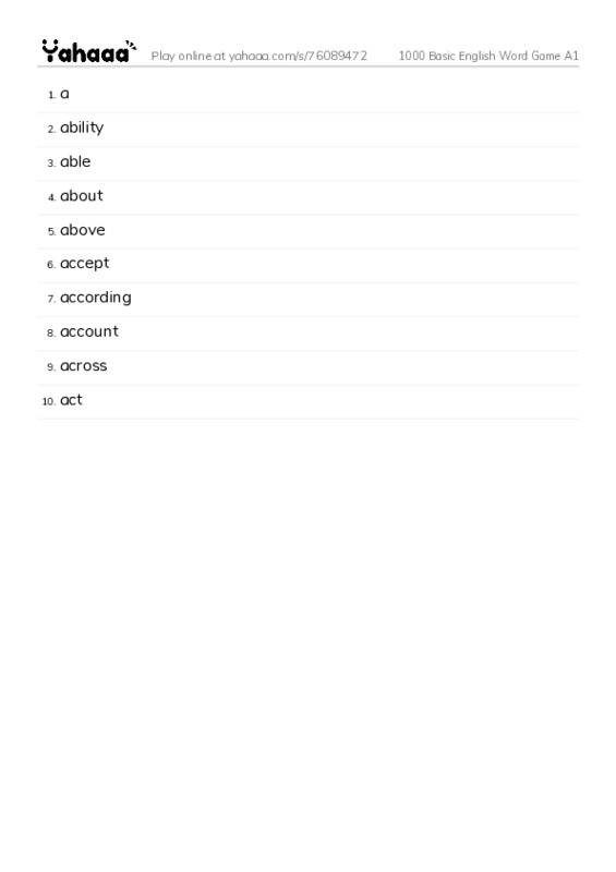 Word list with meanings worksheet for 1000 Basic English Word Game A1