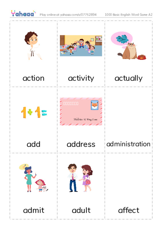 Picture flashcards worksheet for 1000 Basic English Word Game A2