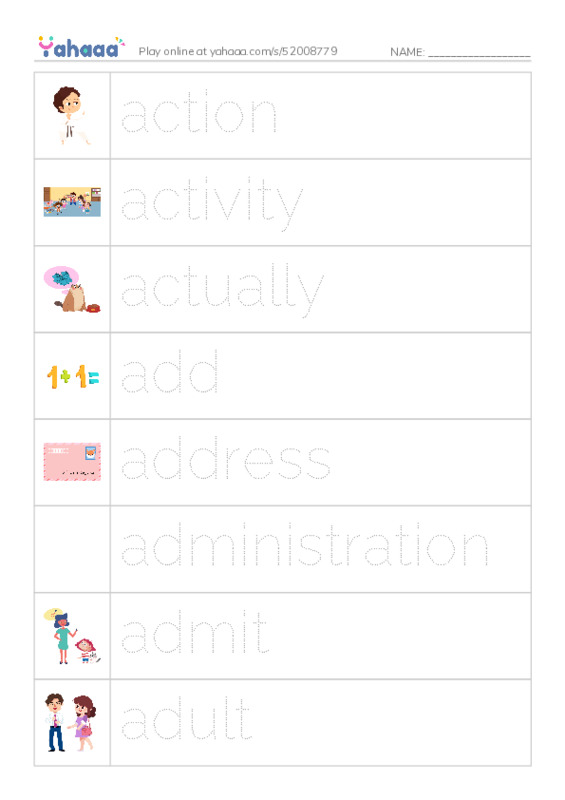 Picture and word rows worksheet for 1000 Basic English Word Game A2
