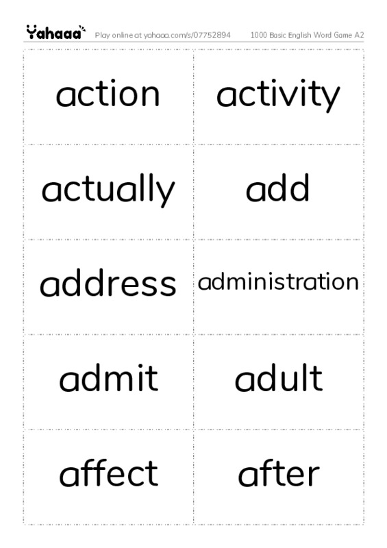 Word flashcards worksheet for 1000 Basic English Word Game A2