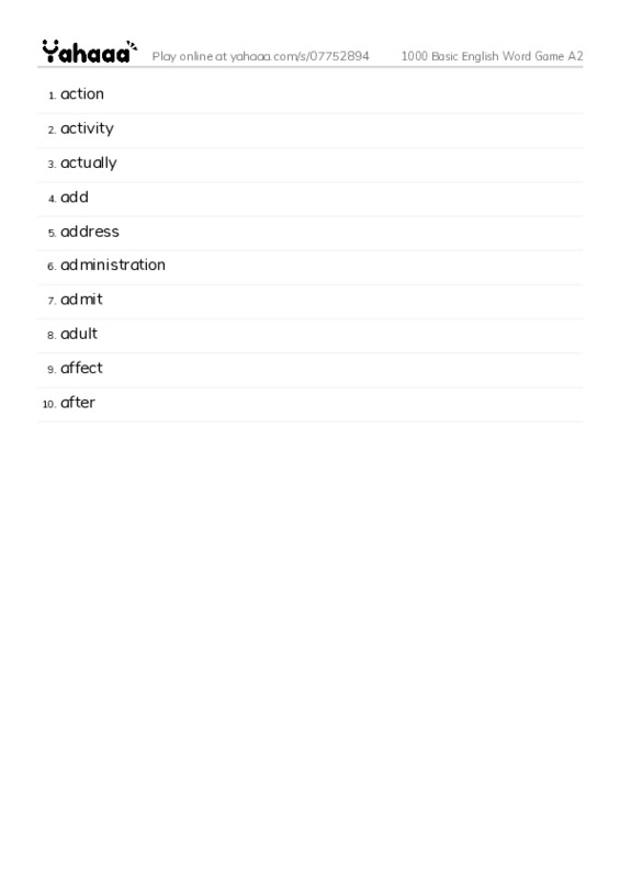 Word list with meanings worksheet for 1000 Basic English Word Game A2