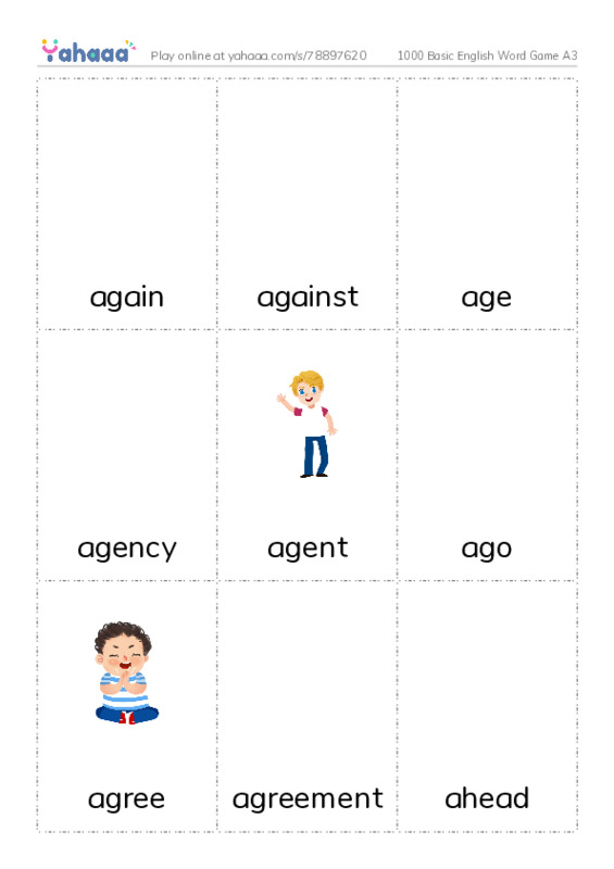 Picture flashcards worksheet for 1000 Basic English Word Game A3