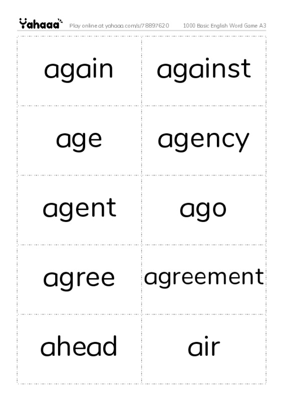 Word flashcards worksheet for 1000 Basic English Word Game A3