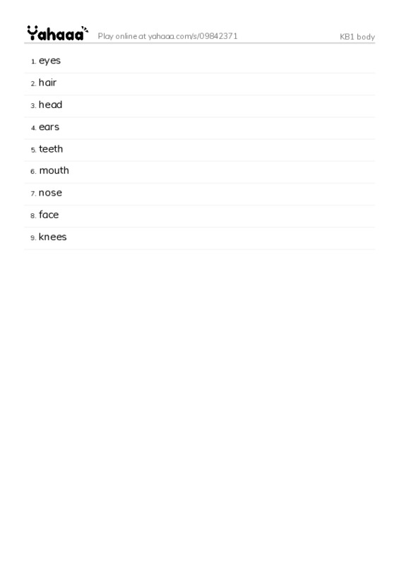 Word list with meanings worksheet for KB1 body