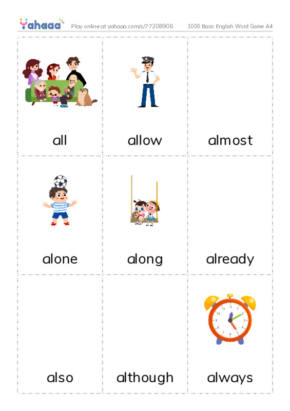 Picture flashcards worksheet for 1000 Basic English Word Game A4