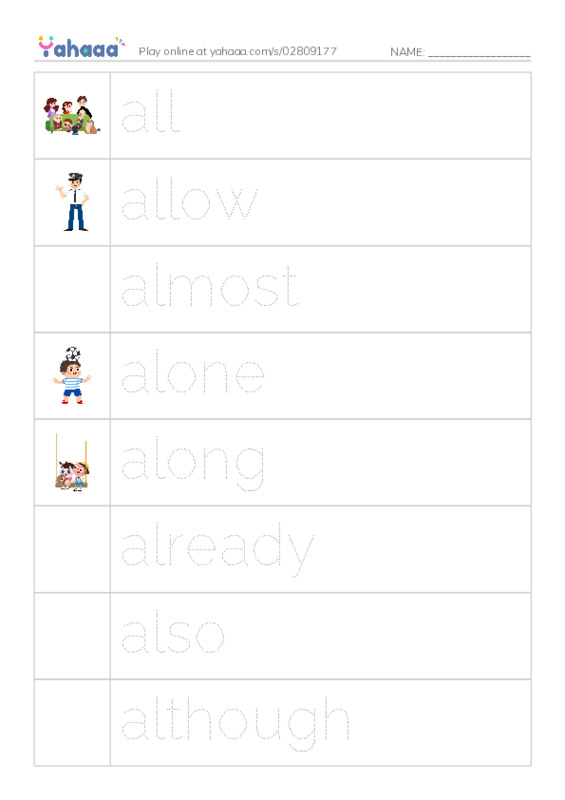 Picture and word rows worksheet for 1000 Basic English Word Game A4