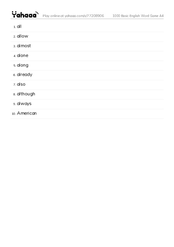 Word list with meanings worksheet for 1000 Basic English Word Game A4