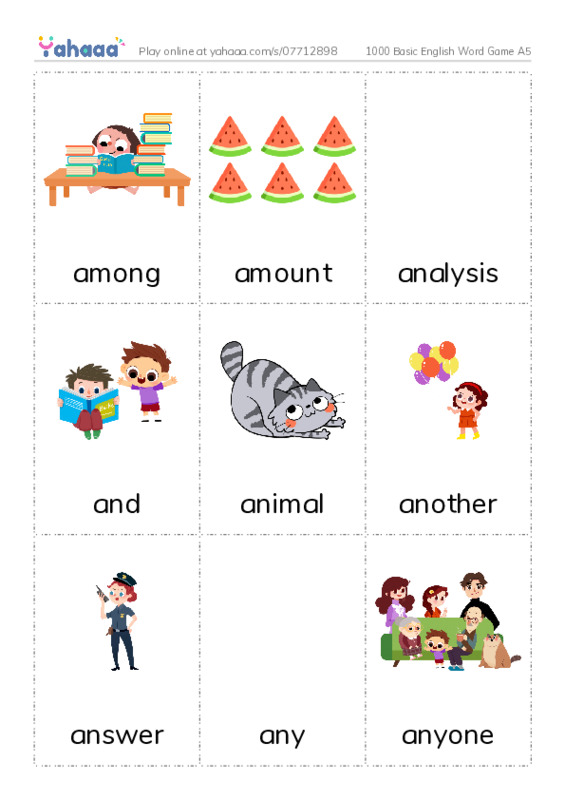 Picture flashcards worksheet for 1000 Basic English Word Game A5