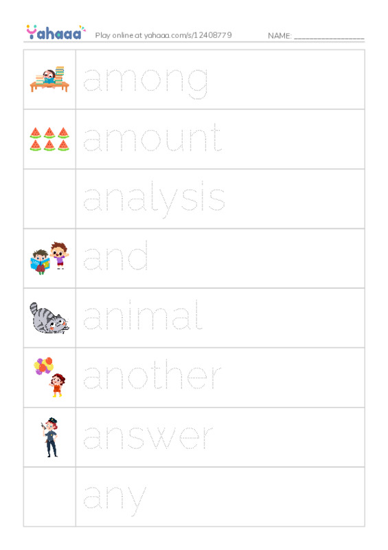 Picture and word rows worksheet for 1000 Basic English Word Game A5