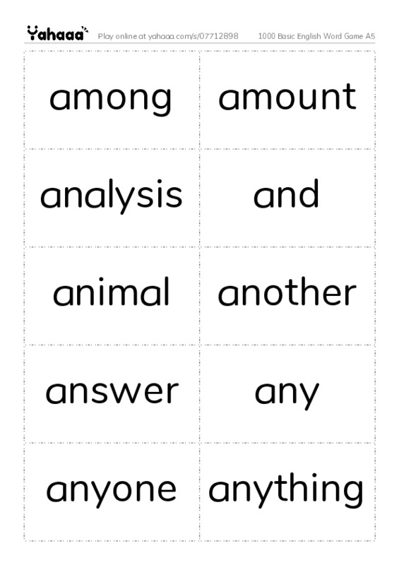 Word flashcards worksheet for 1000 Basic English Word Game A5