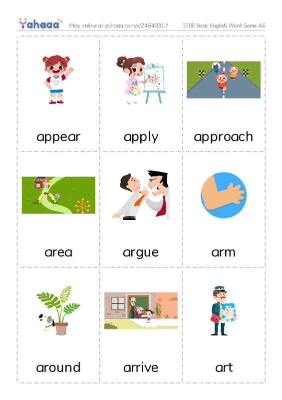 Picture flashcards worksheet for 1000 Basic English Word Game A6