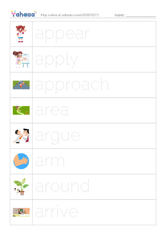 Picture and word rows worksheet for 1000 Basic English Word Game A6