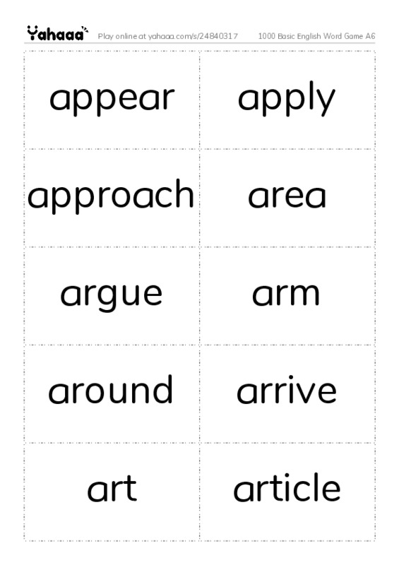 Word flashcards worksheet for 1000 Basic English Word Game A6