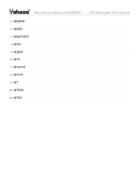 Word list with meanings worksheet for 1000 Basic English Word Game A6
