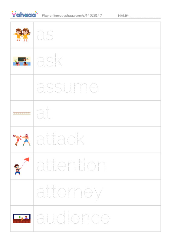 Picture and word rows worksheet for 1000 Basic English Word Game A7