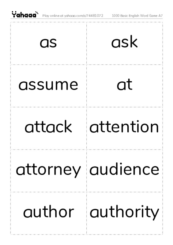 Word flashcards worksheet for 1000 Basic English Word Game A7