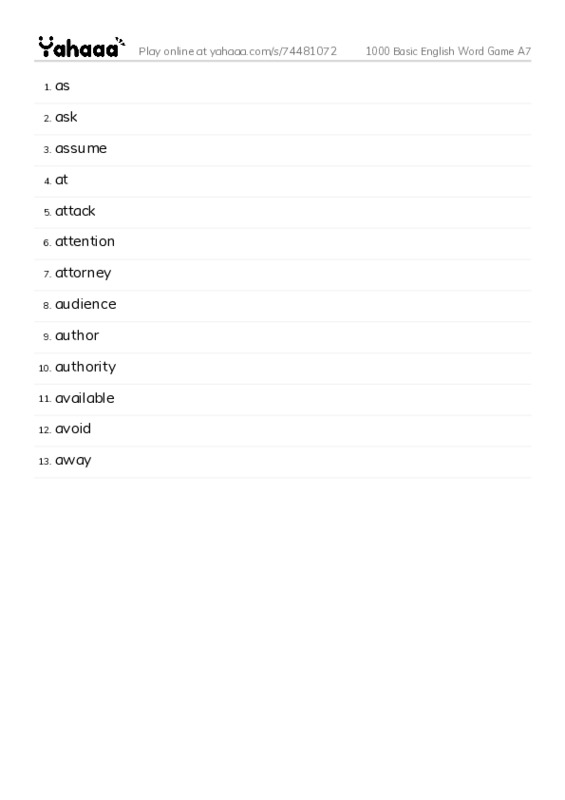 Word list with meanings worksheet for 1000 Basic English Word Game A7