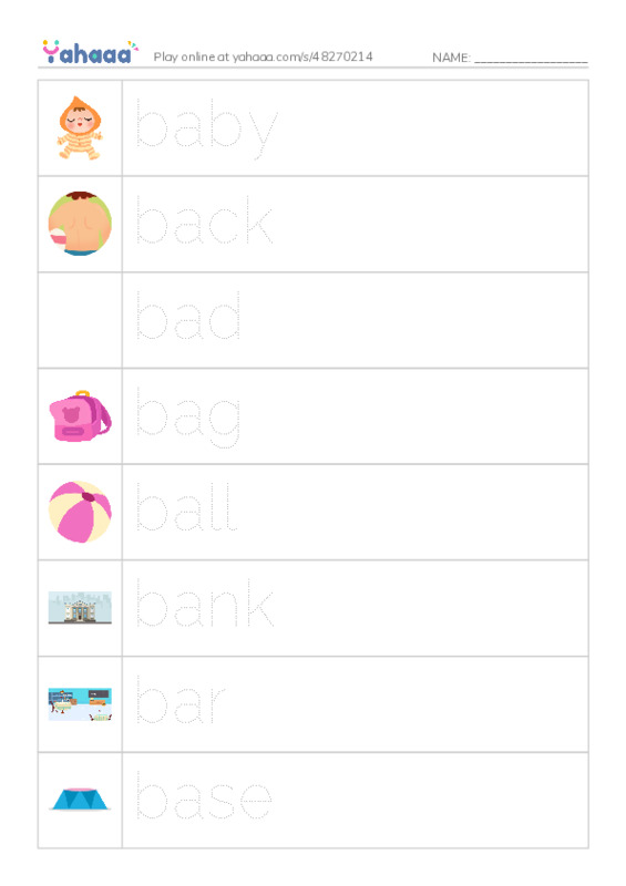 Picture and word rows worksheet for 1000 Basic English Word Game B1