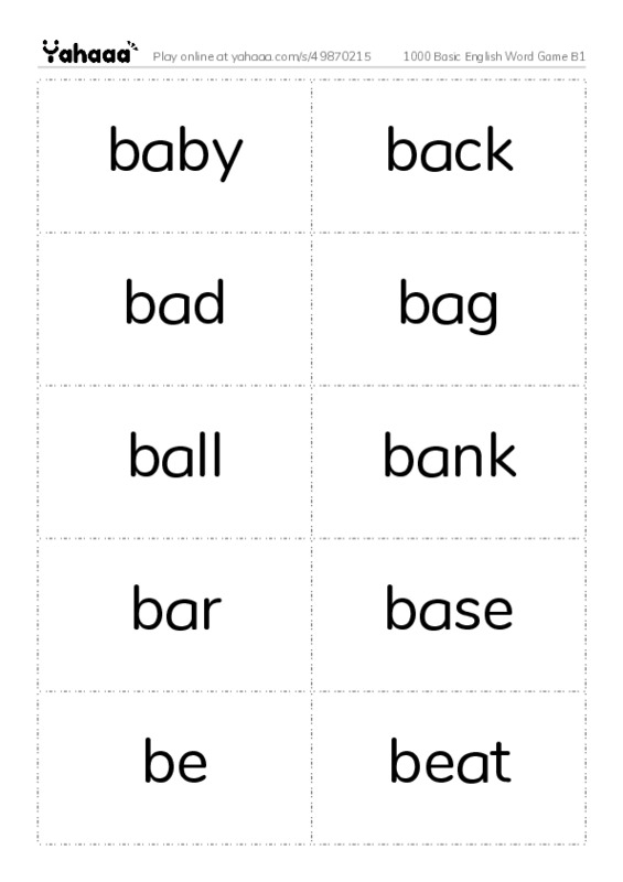 Word flashcards worksheet for 1000 Basic English Word Game B1