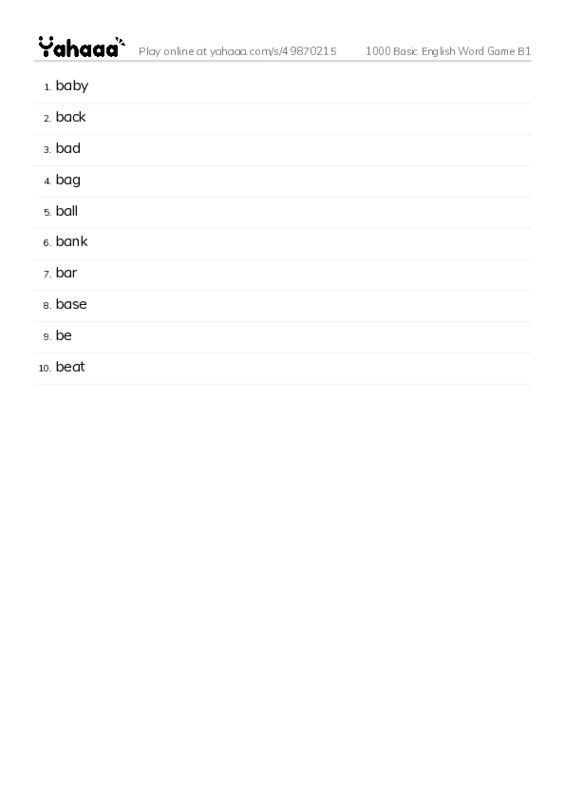 Word list with meanings worksheet for 1000 Basic English Word Game B1