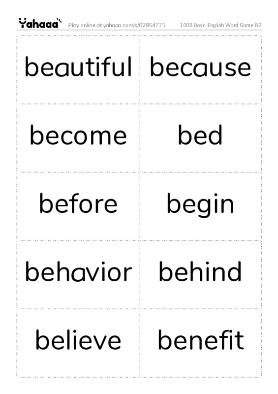 Word flashcards worksheet for 1000 Basic English Word Game B2