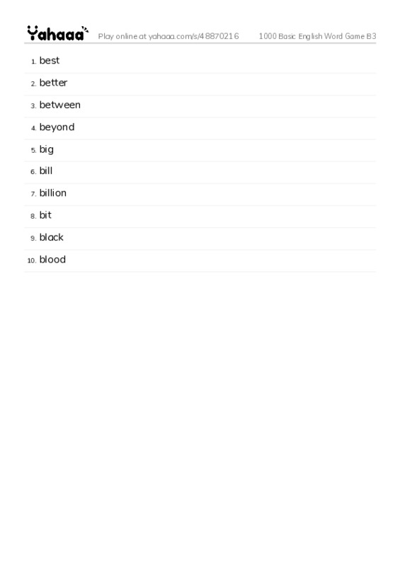 Word list with meanings worksheet for 1000 Basic English Word Game B3
