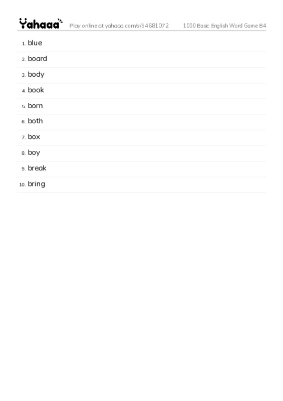Word list with meanings worksheet for 1000 Basic English Word Game B4