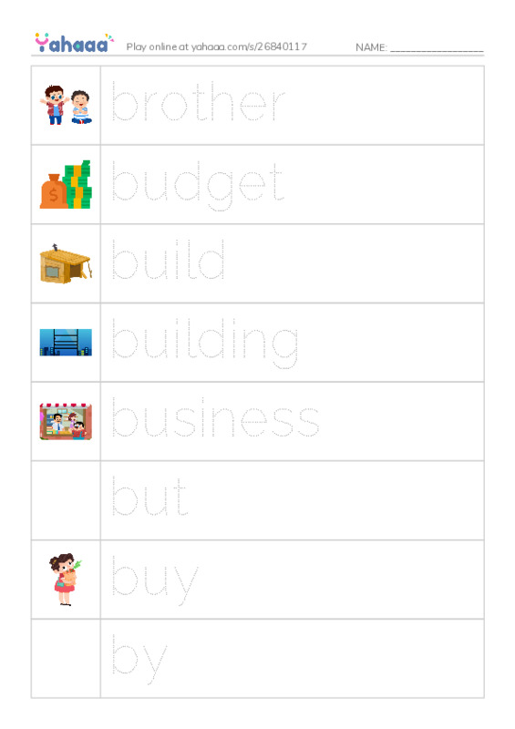 Picture and word rows worksheet for 1000 Basic English Word Game B6