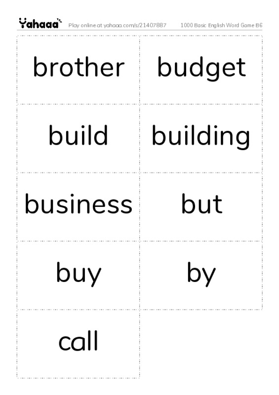 Word flashcards worksheet for 1000 Basic English Word Game B6