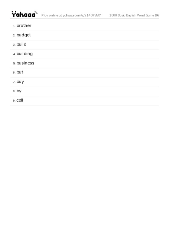Word list with meanings worksheet for 1000 Basic English Word Game B6