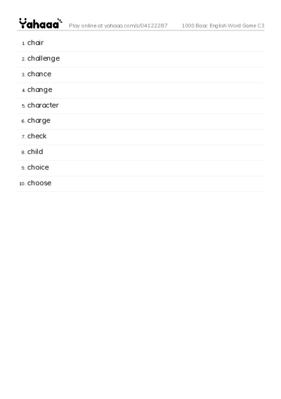 Word list with meanings worksheet for 1000 Basic English Word Game C3