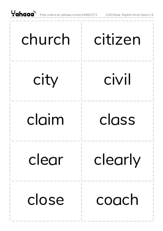 Word flashcards worksheet for 1000 Basic English Word Game C4
