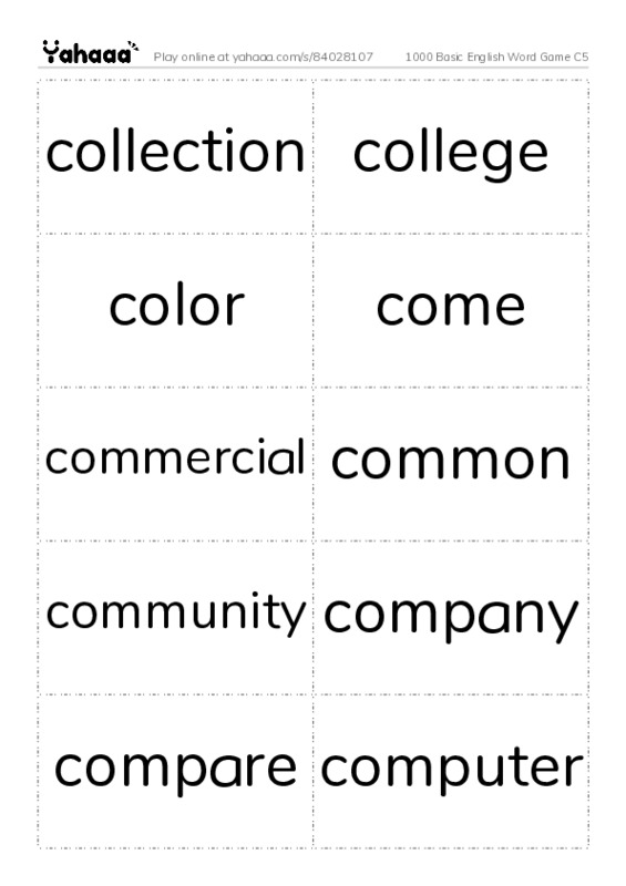Word flashcards worksheet for 1000 Basic English Word Game C5