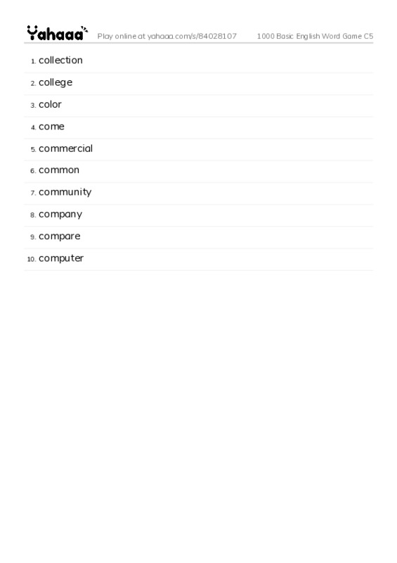 Word list with meanings worksheet for 1000 Basic English Word Game C5
