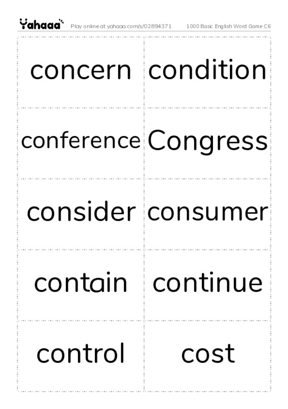 Word flashcards worksheet for 1000 Basic English Word Game C6