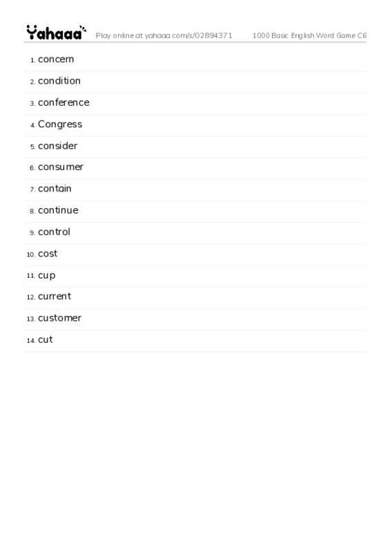 Word list with meanings worksheet for 1000 Basic English Word Game C6