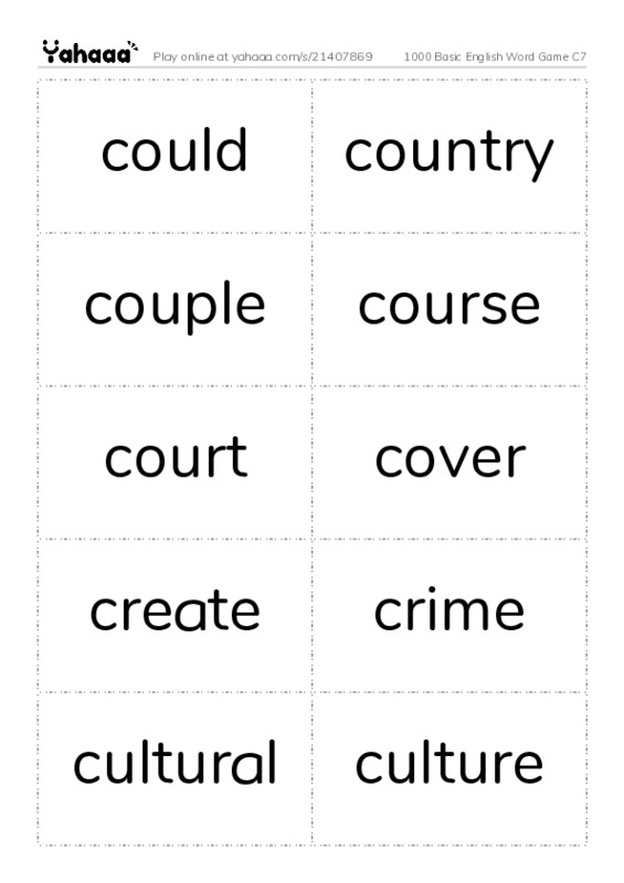 Word flashcards worksheet for 1000 Basic English Word Game C7