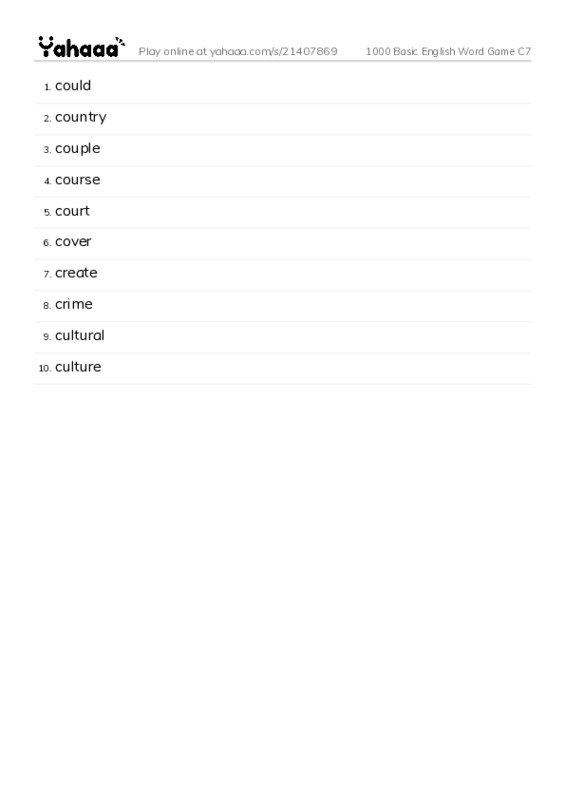 Word list with meanings worksheet for 1000 Basic English Word Game C7