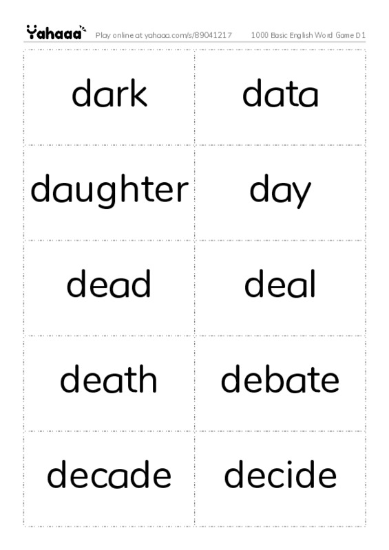 Word flashcards worksheet for 1000 Basic English Word Game D1