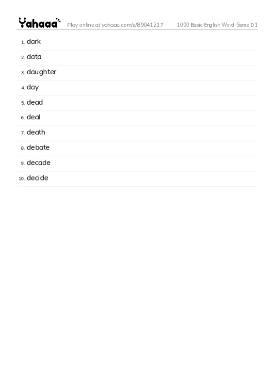 Word list with meanings worksheet for 1000 Basic English Word Game D1